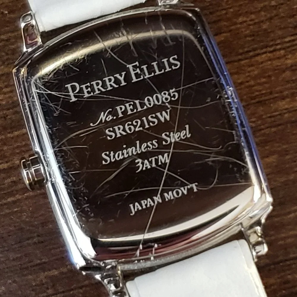 Perry Ellis White Leather Band Silver Rectangle Face Diamond Accent Wrist Watch
